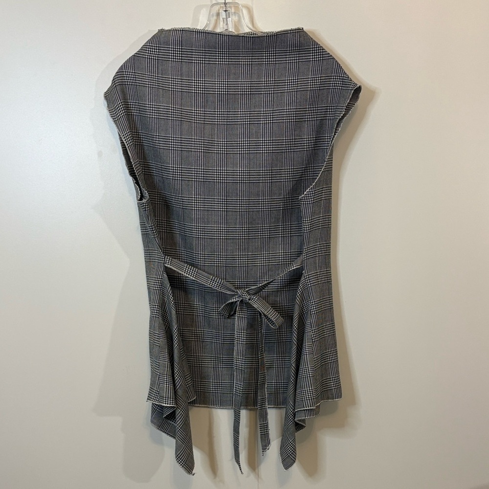 Calvin Tran Black and White Houndstooth Wool Top with Waist Tie